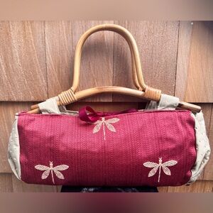 Vintage Handbag Raw Silk Texture DragonFly bamboo handle purse